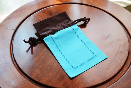 Hemstitch sachet bag, multi color, aqua & brown top - Click Image to Close